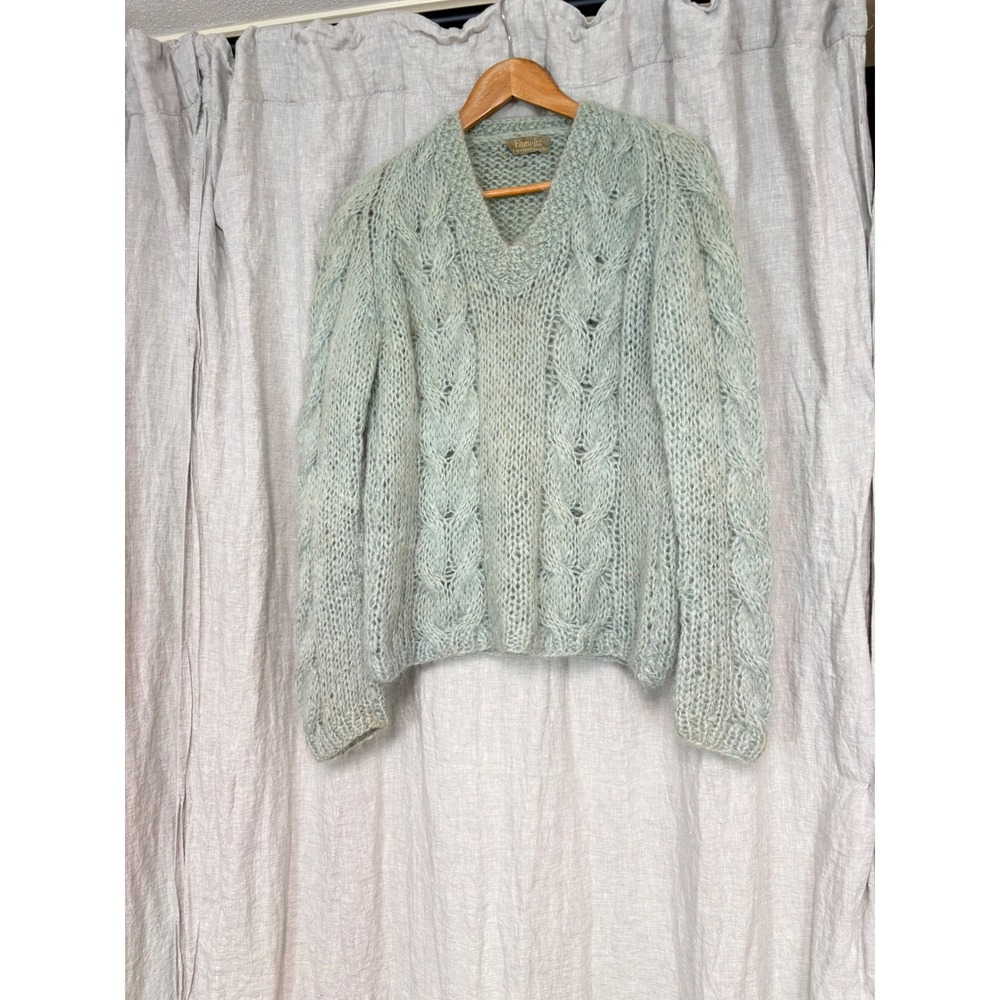 Pamella Hand Knit Mohair Blend Cable Knit V-Neck Sweater Sage Green Womens - Picture 2 of 12